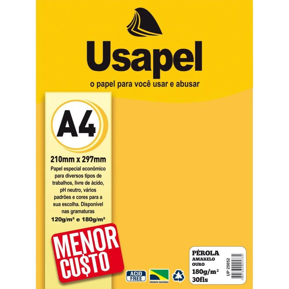 Papel A4 Perolado Usapel Amarelo Ouro 180G Filiperson (Cx.c/30)