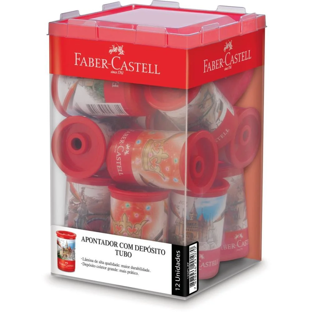 Apontador Com Deposito Tubo Plástico Decorado Subst. Faber-Castell Com 12 Peças