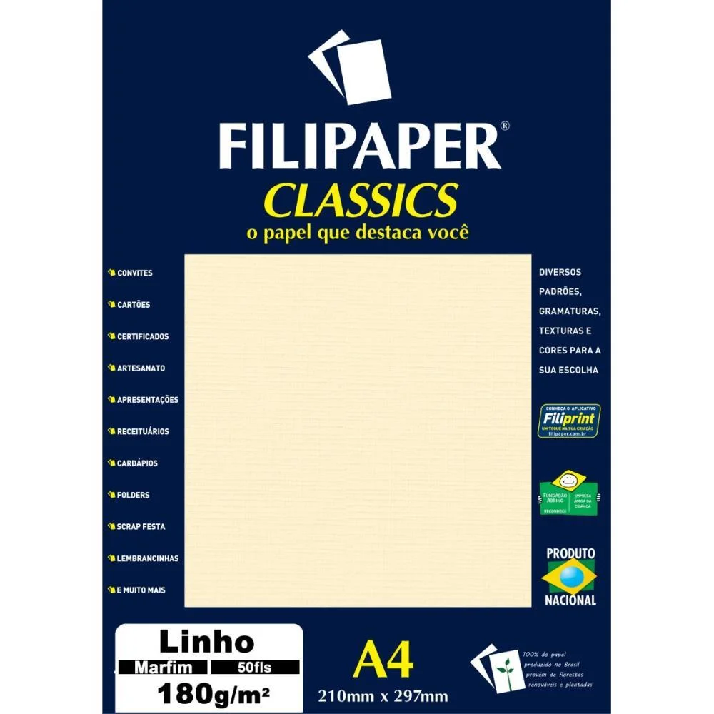 Papel A4 Linho Marfim 180G. Filiperson (Pct.c/50)