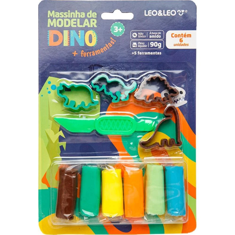 Massa Para Modelar Criativa Dino 6Cores + 5 Pecas Leonora (Kit)