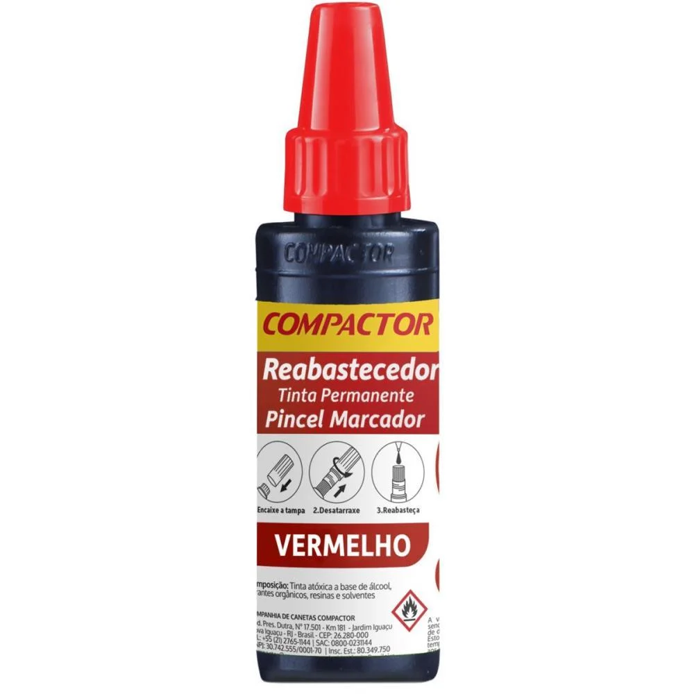 Tinta Marcador Permanente Reabastecedor 030Ml Vermelho Compactor (Cx.c/12)
