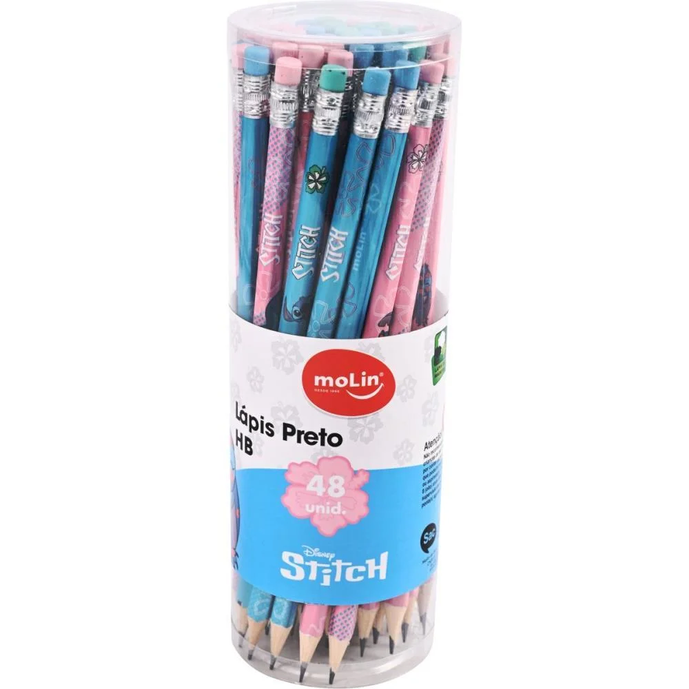 Lapis Preto Redondo Decorado Stitch Hb C/Borracha Molin (Pote-48)