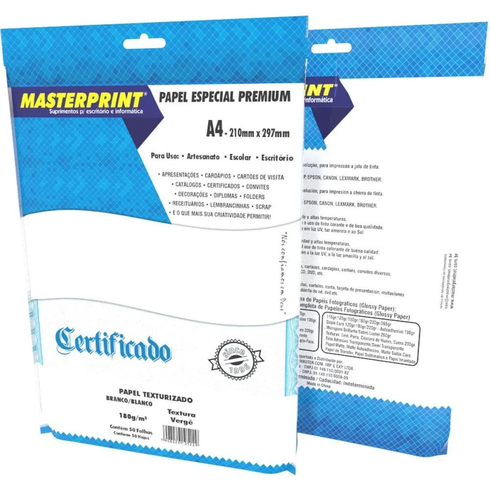 Papel A4 Verge Branco 180G Masterprint (Pct.c/50)