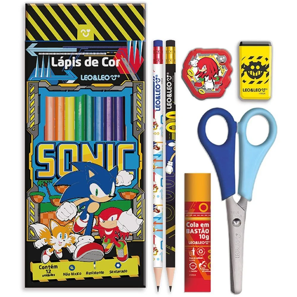 Kit Escolar Sonic 12 Lapis Cor + 6 Peças Leonora (Blister)