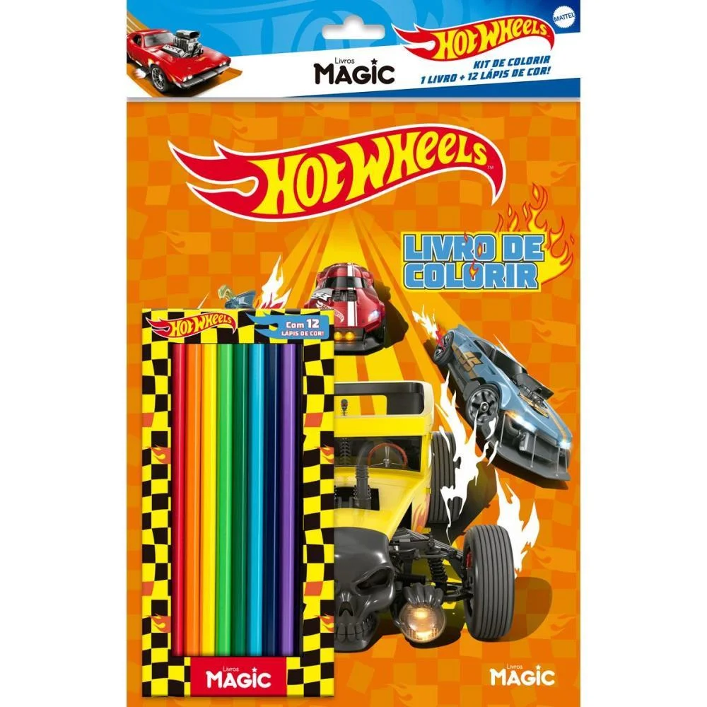 Livro Infantil Colorir Kit Lapis De Cor Hot Wheels Magic Kids