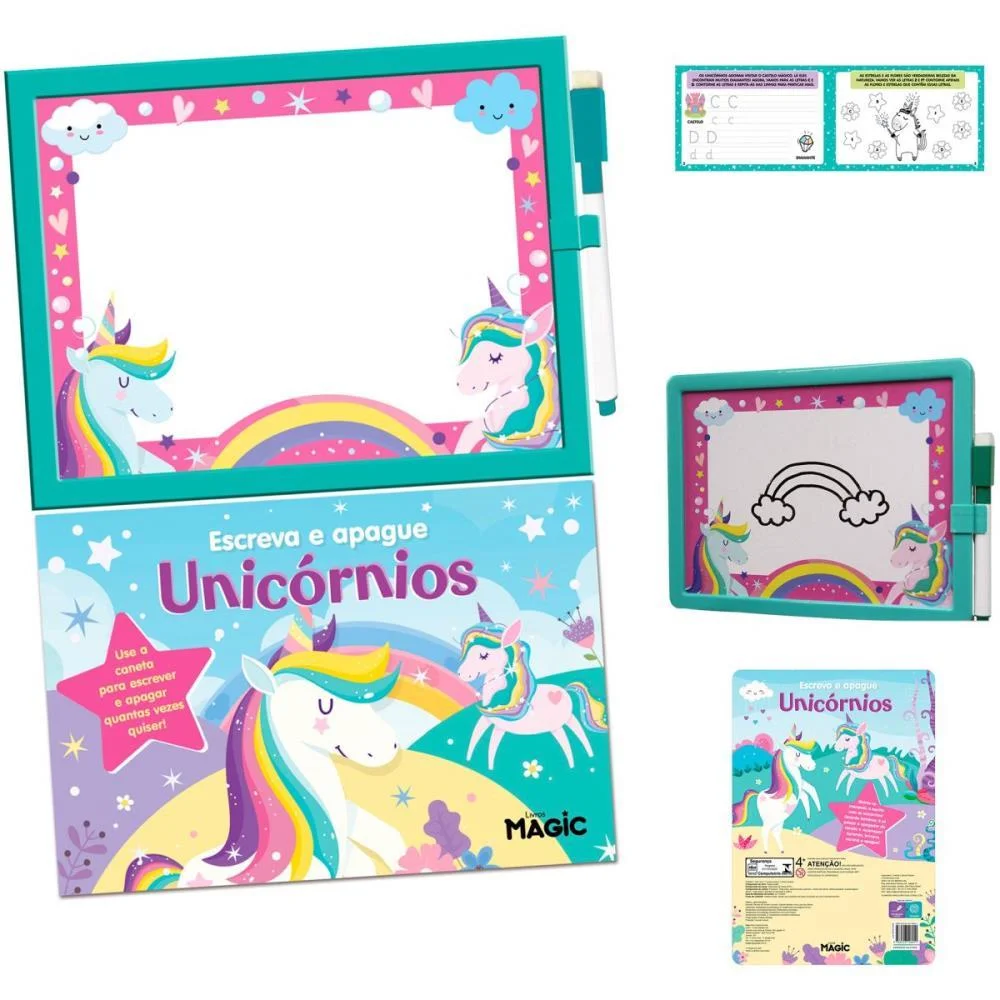 Livro Brinquedo Ilustrado Lousa Escreve E Apaga Unicorni Magic Kids