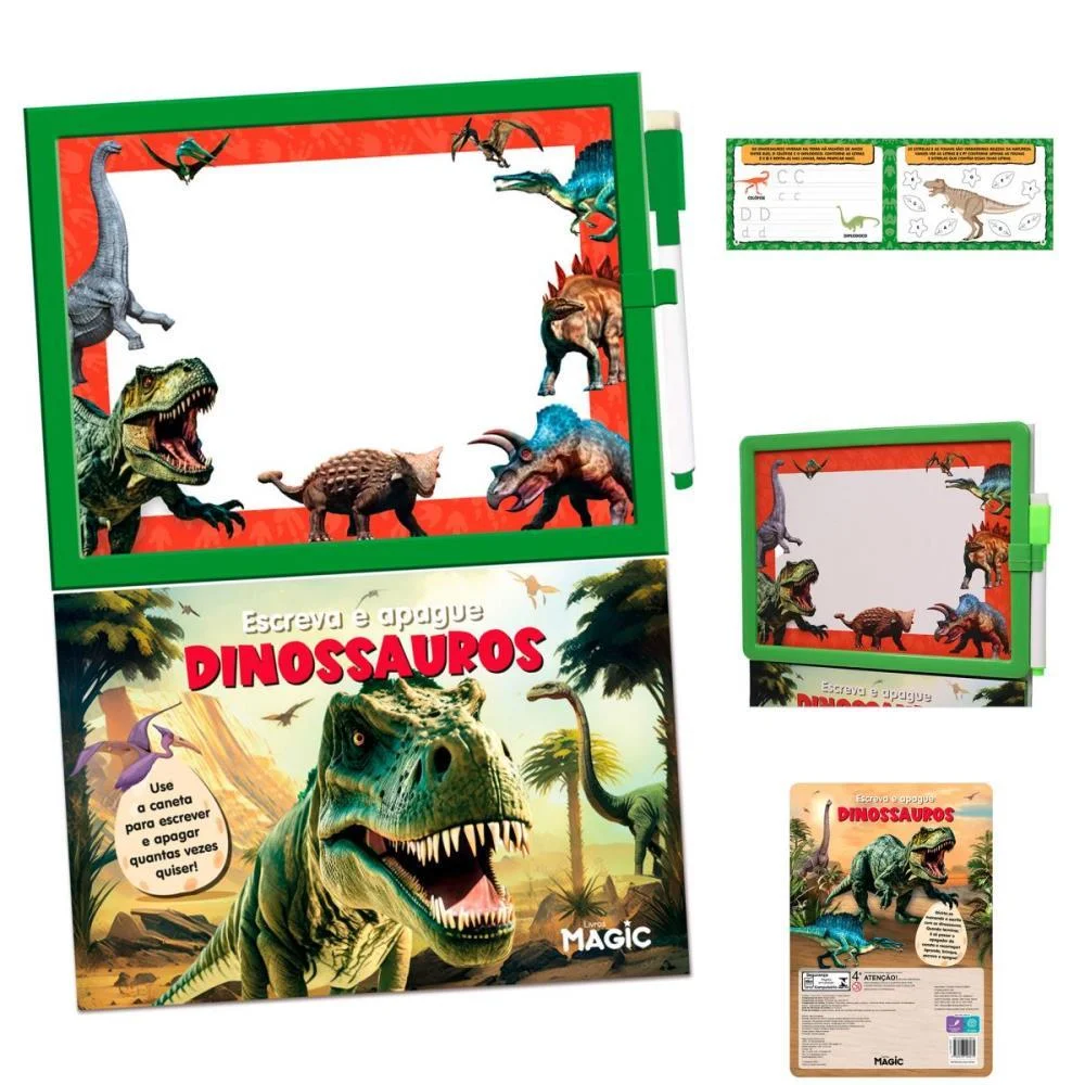 Livro Brinquedo Ilustrado Lousa Escreve E Apaga Dinos Magic Kids