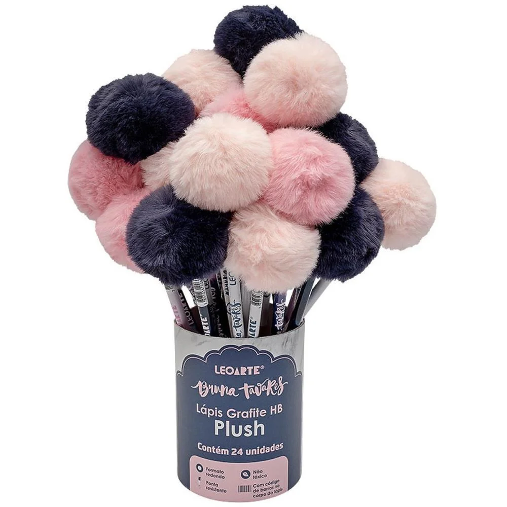 Lapis Preto Redondo Decorado Bruna Tavares Pompom Hb 3Cor Leonora (Pote-24)