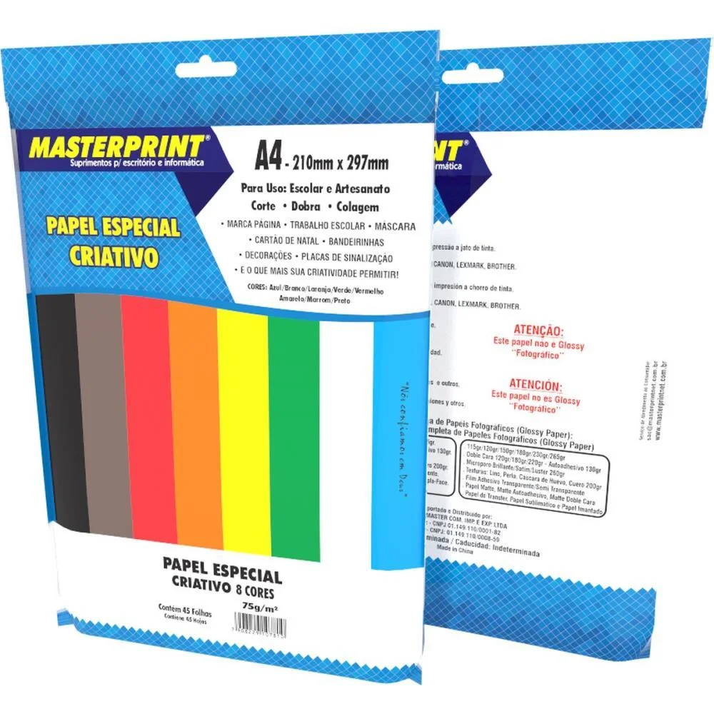 Papel A4 Color Criativo 8 Cores 75G. Masterprint (Pct.c/45)