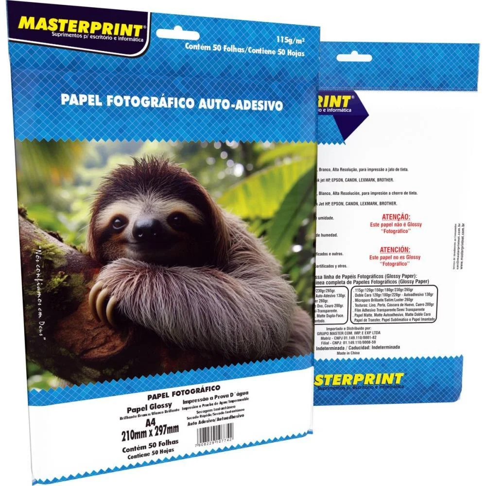 Papel Fotografico Inkjet A4 Glossy 115G Auto Adesivo Masterprint (Pct.c/50)