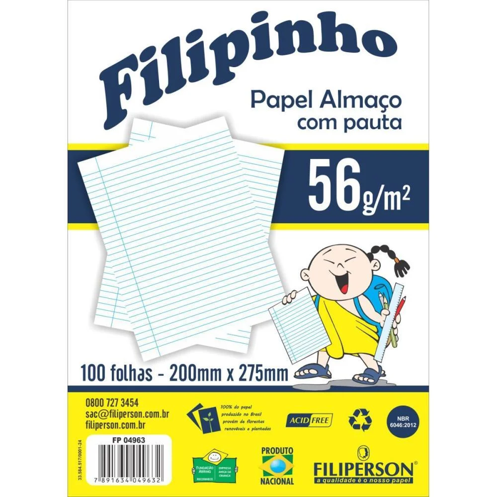 Papel Almaco Pauta E Margem 200X275Mm 56G Filiperson C/ 100 Unidades