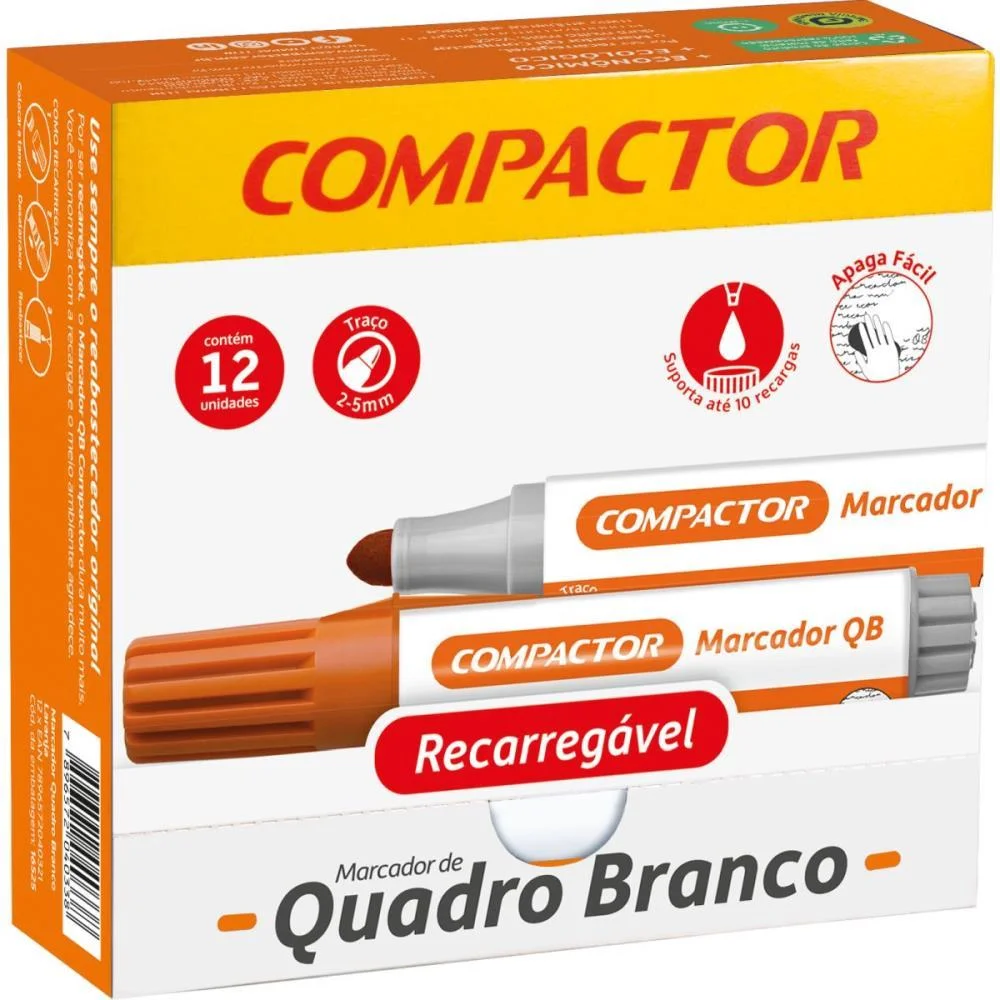 Pincel Quadro Branco Qb Recarregavel Laranja Compactor (Cx.c/12)