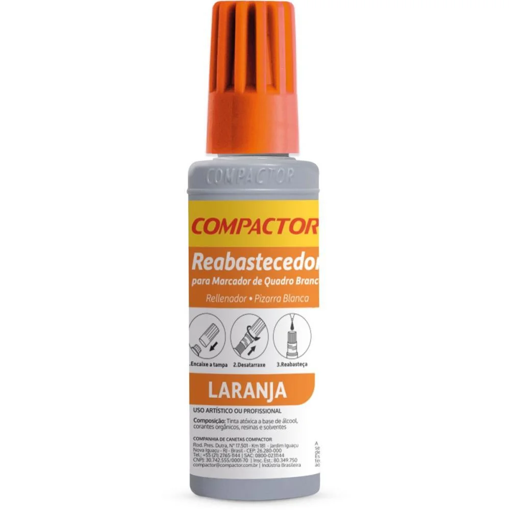 Tinta Marcador Quadro Branco Reabastecedor 030Ml Laranja Compactor (Cx.c/12)