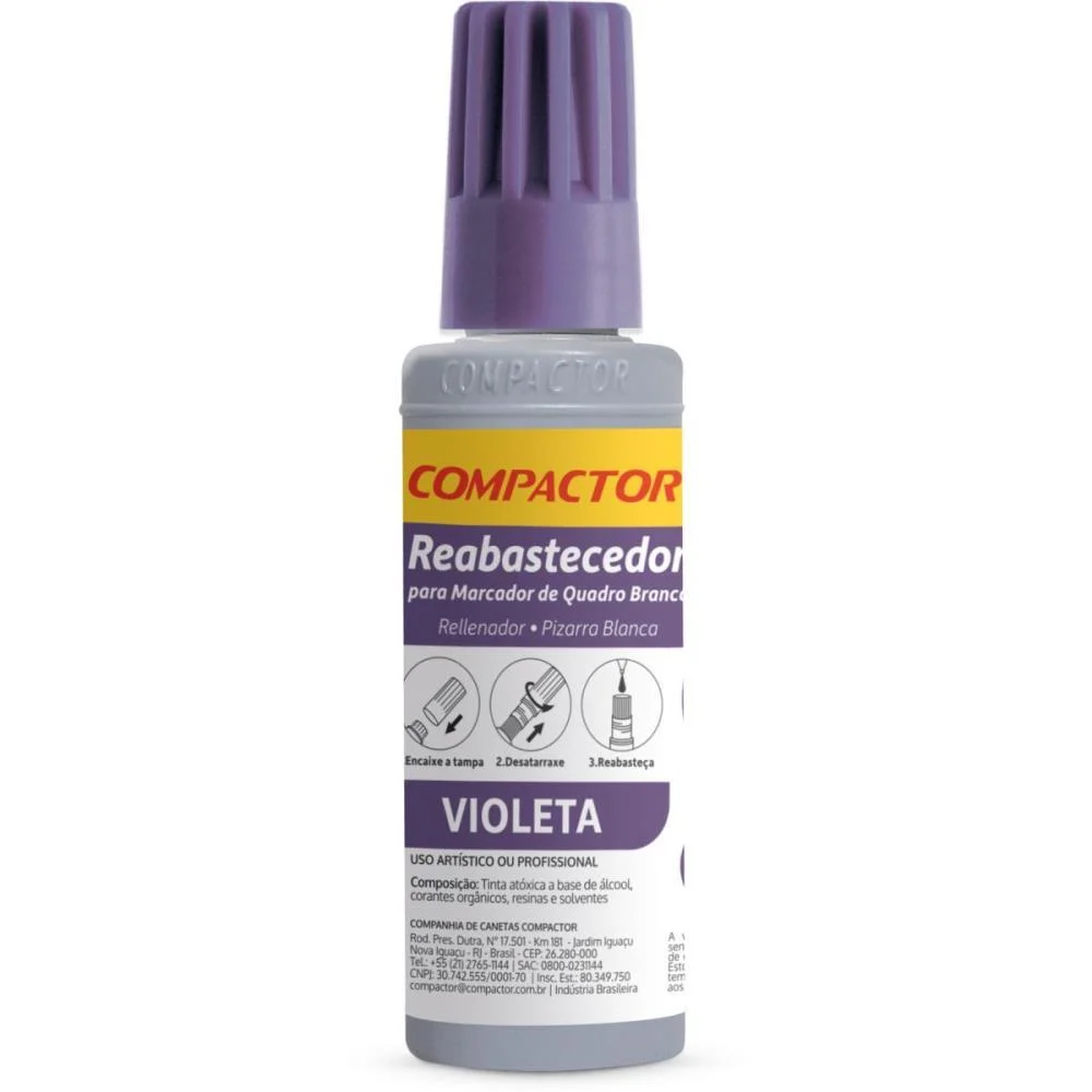 Tinta Marcador Quadro Branco Reabastecedor 030Ml Violeta Compactor (Cx.c/12)