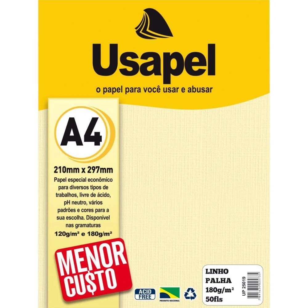 Papel A4 Linho Usapel Palha 180G. Filiperson Com 50 Unidades