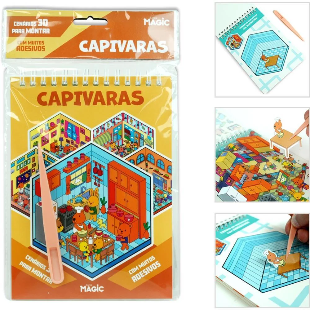 Livro Com Adesivos Cenario 3D Capivaras 14X23Cm Magic Kids