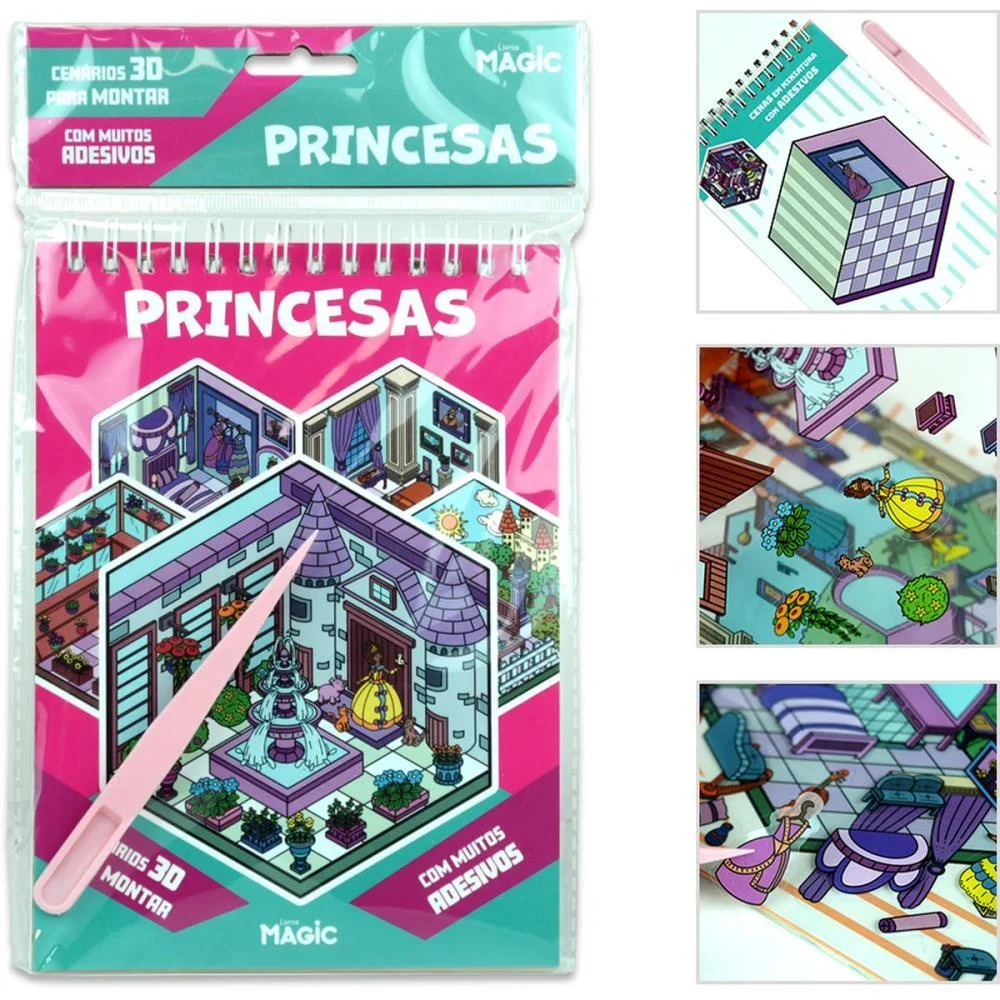 Livro Com Adesivos Cenario 3D Princesas 14X23Cm Magic Kids