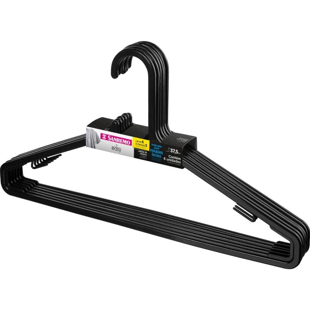 Cabide Adulto Leve 6 Pague 5 Preto Sanremo (Kit)