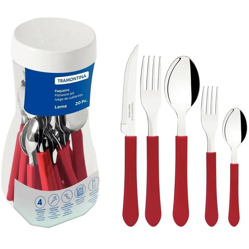 Talher Faqueiro Leme 20Pc Inox Vermel Tramontina (Pote)