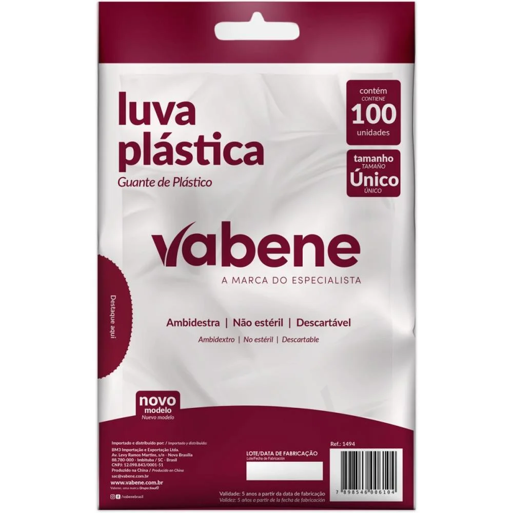 Luva Plastica Descartavel Tam.unico Vabene C/ 100 Unidades