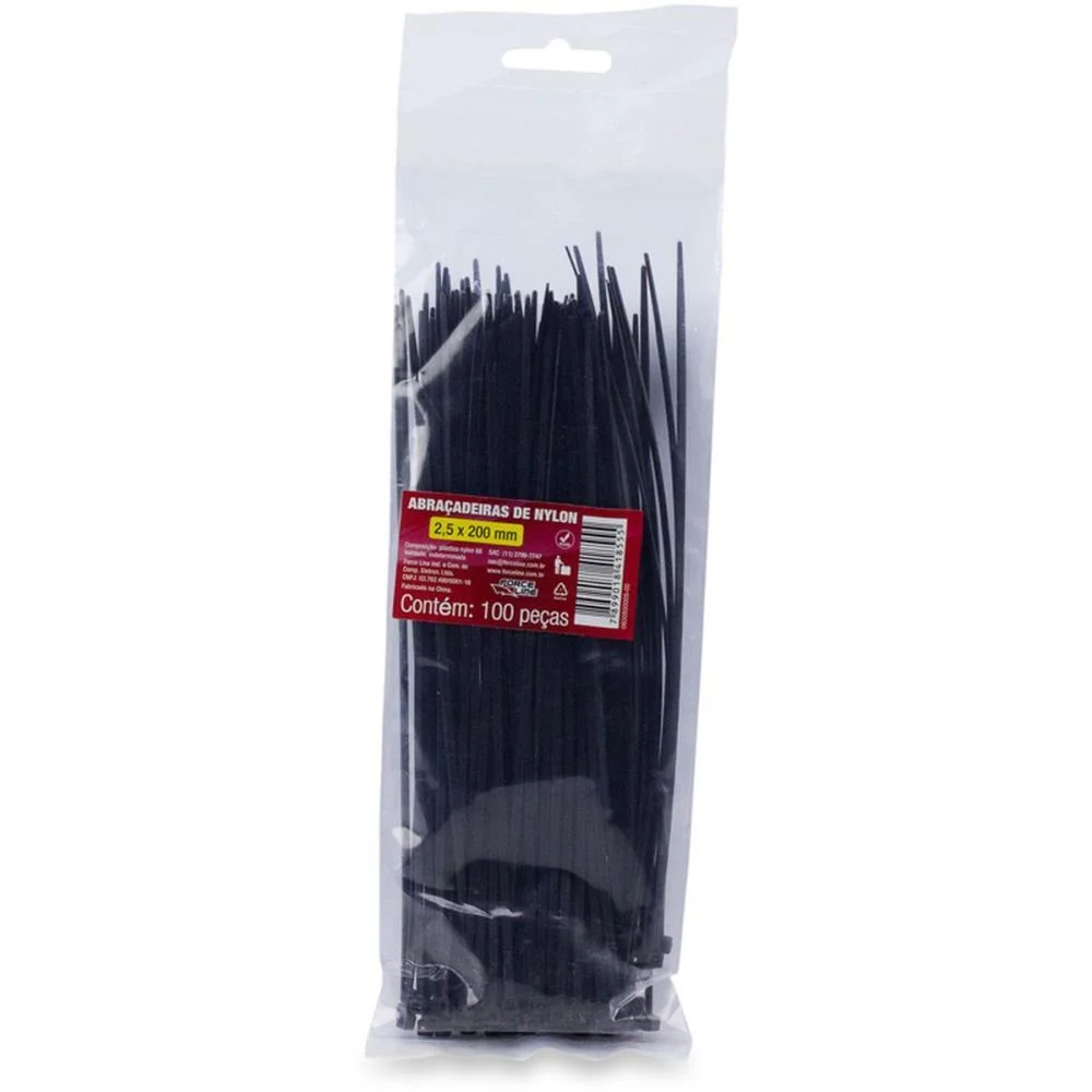 Abracadeira Nylon Preta 2,5X200Mm. Force Line C/ 100 Unidades