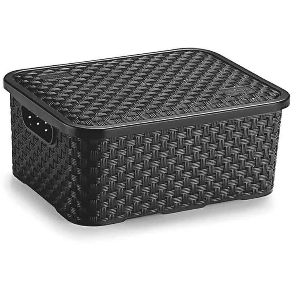 Caixa Plastica Multiuso Rattan C/Tampa Preto Peq 4L. Nitron