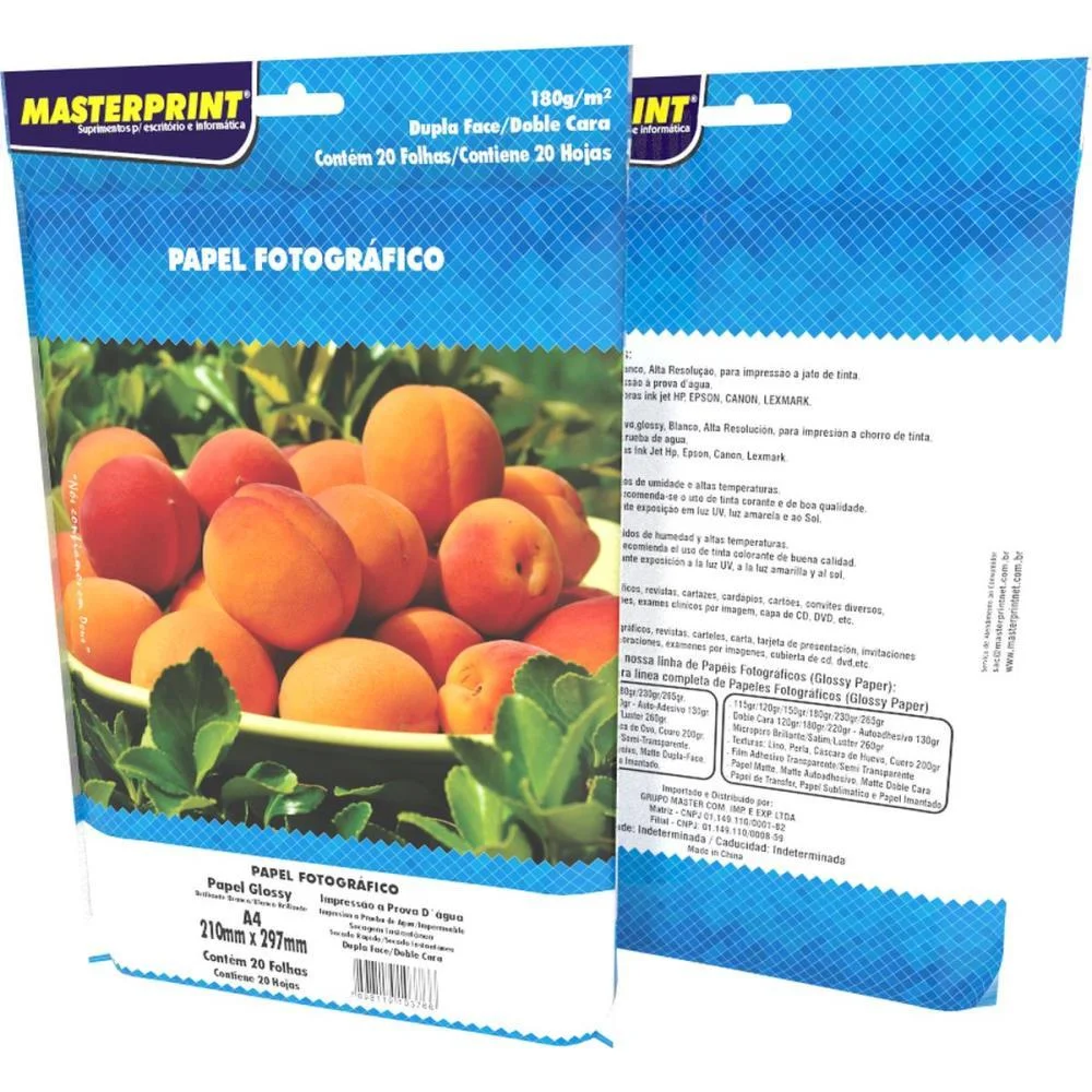 Papel Fotografico Inkjet A4 Glossy Dupla Face 180G Masterprint 20 Unidades