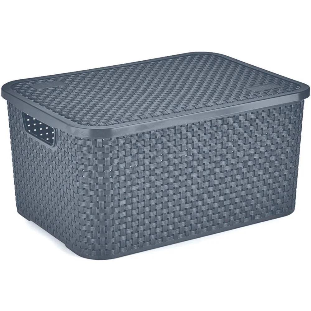 Caixa Plastica Multiuso Rattan C/ Tampa Chumbo Gd 16L. Nitron