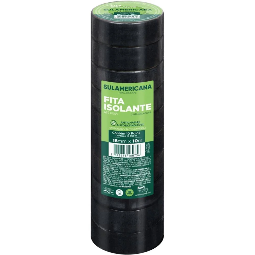 Fita Isolante 18Mmx10M. Anti Chama Sulamericana (Pct.c/10)