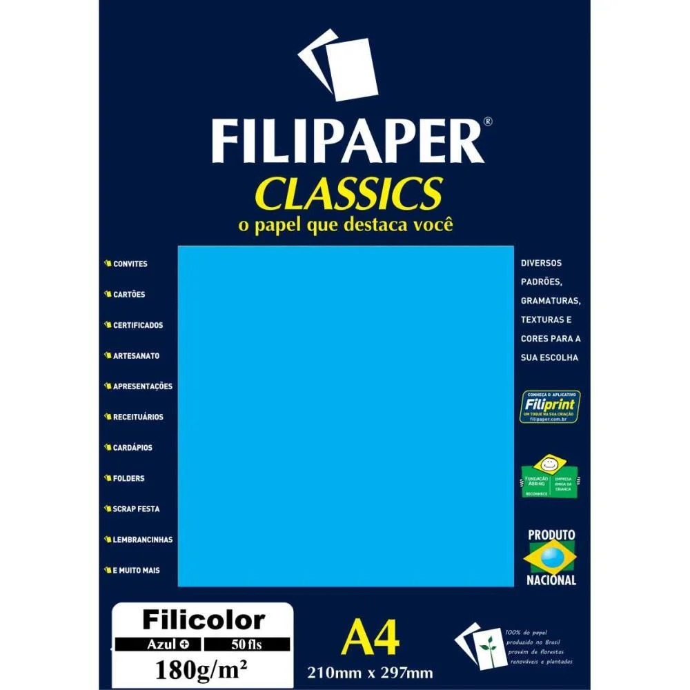 Papel A4 Color Filicolor Azul 180G. Filiperson (Pct.c/50)