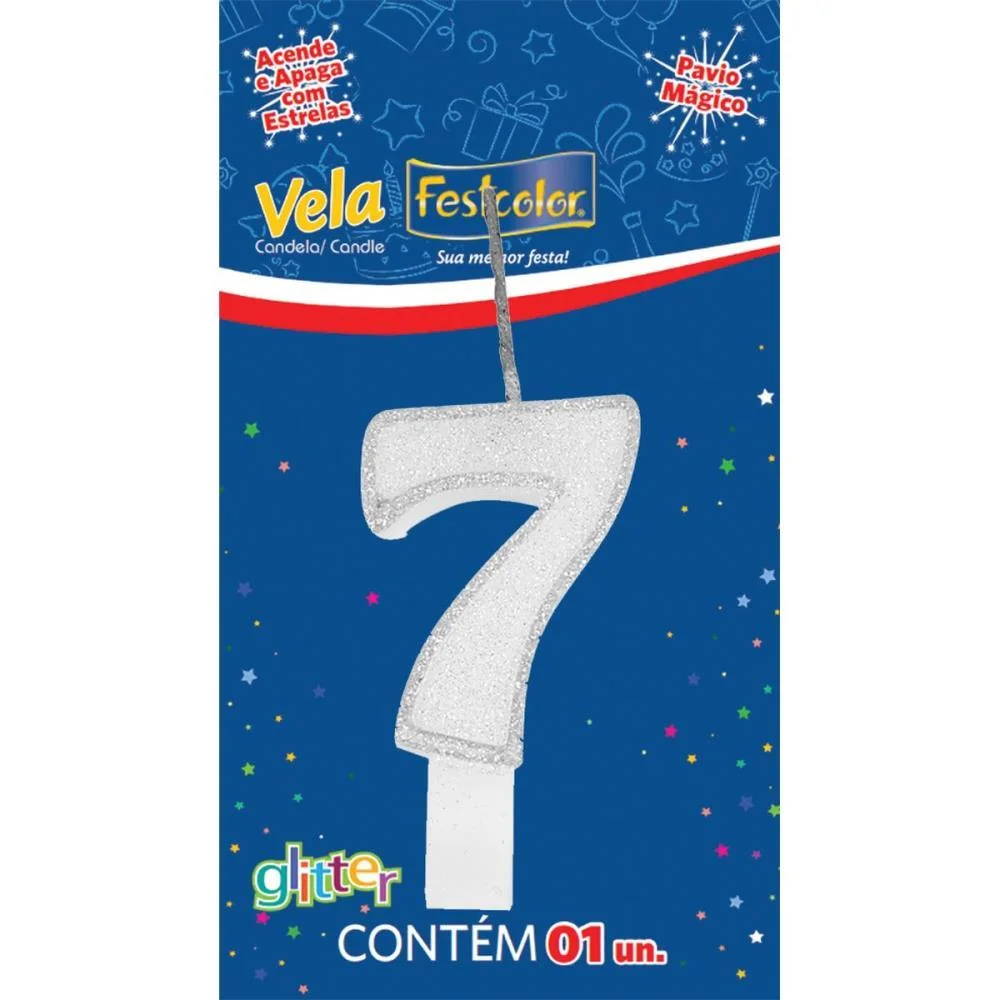 Vela Para Aniversario N.07 Branca Glitter Festcolor (Cx.c/10)