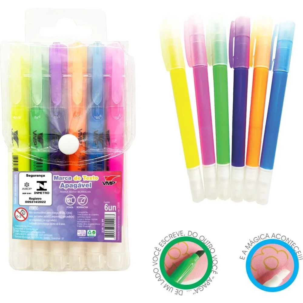 Caneta Marca Texto Apagavel 6 Cores V.m.p. (Blister)