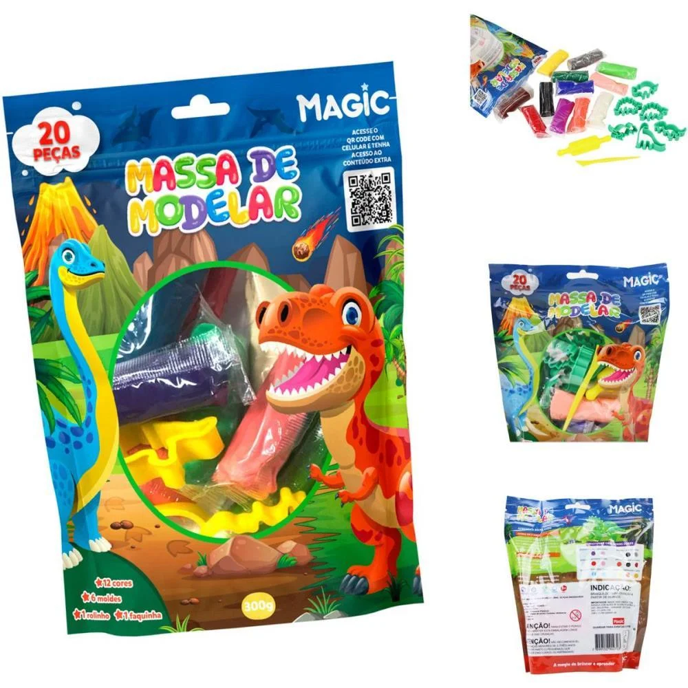 Massa Para Modelar Criativa Dino 300G Com 12Cores/6Moldes Magic Kids