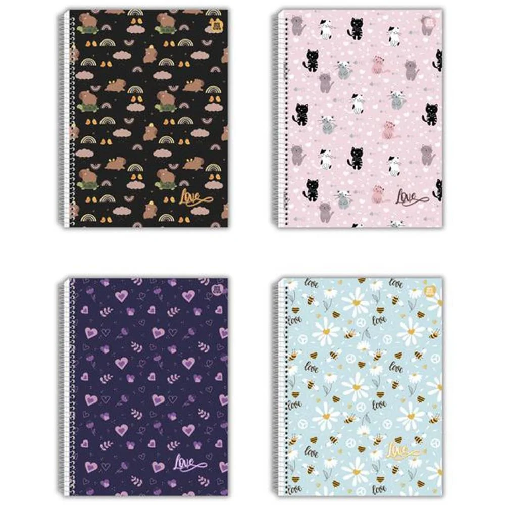 Caderno 10 Matérias Capa Dura Love 160F Animativa Com 4 Unidades