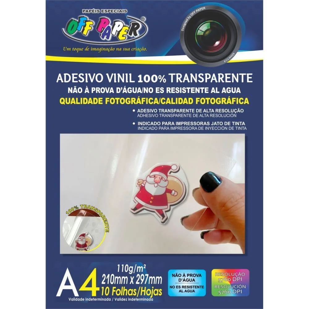 Papel Fotografico Inkjet A4 Vinil Adesivo Transp. 110G Off Paper 10 Unidades