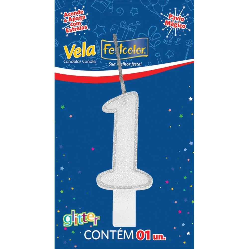 Vela Para Aniversario N.01 Branca Glitter Festcolor (Cx.c/10)