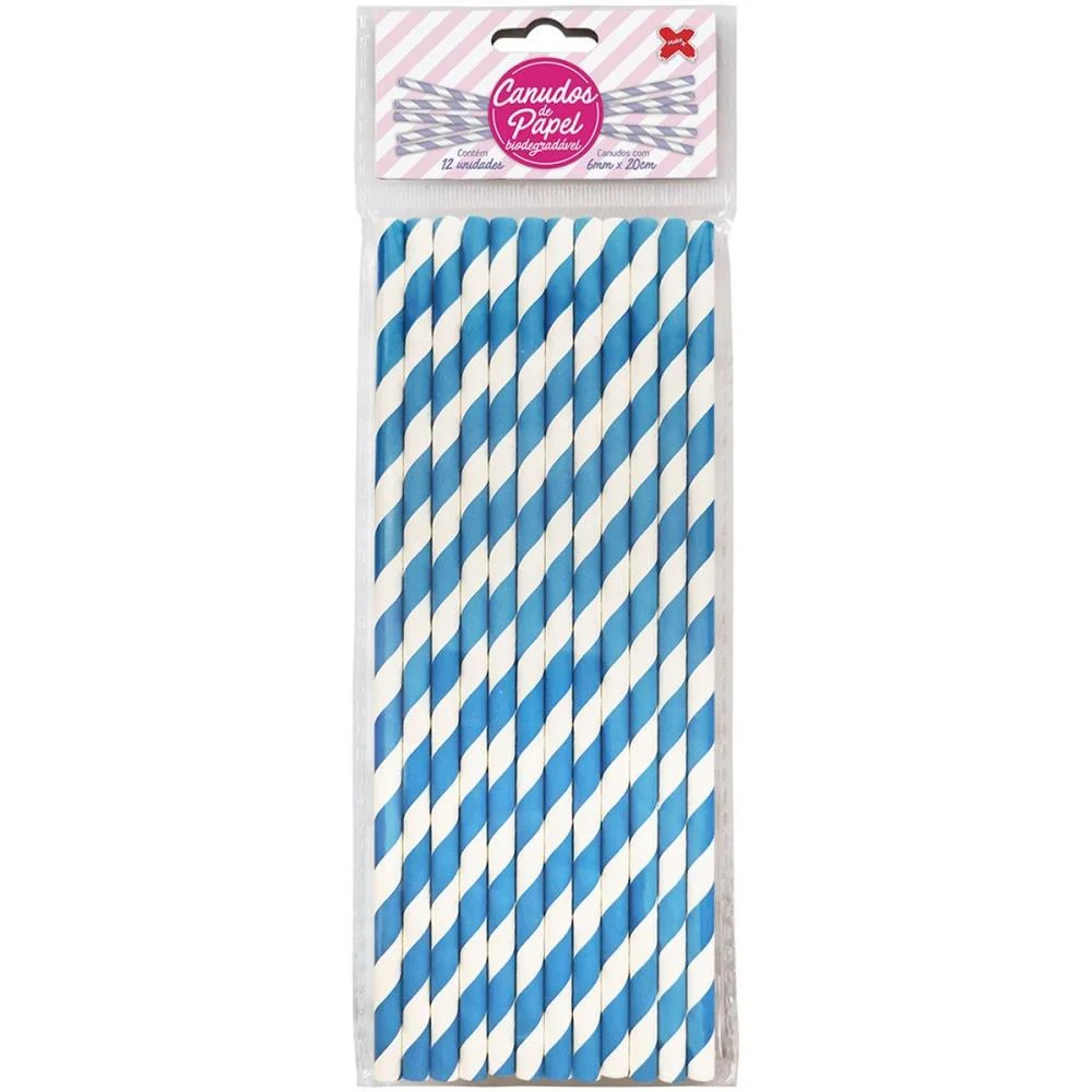 Canudo Biodegradavel Papel Listra Azul Claro 6X200Mm C/12 Make+ (Pct.c/10)