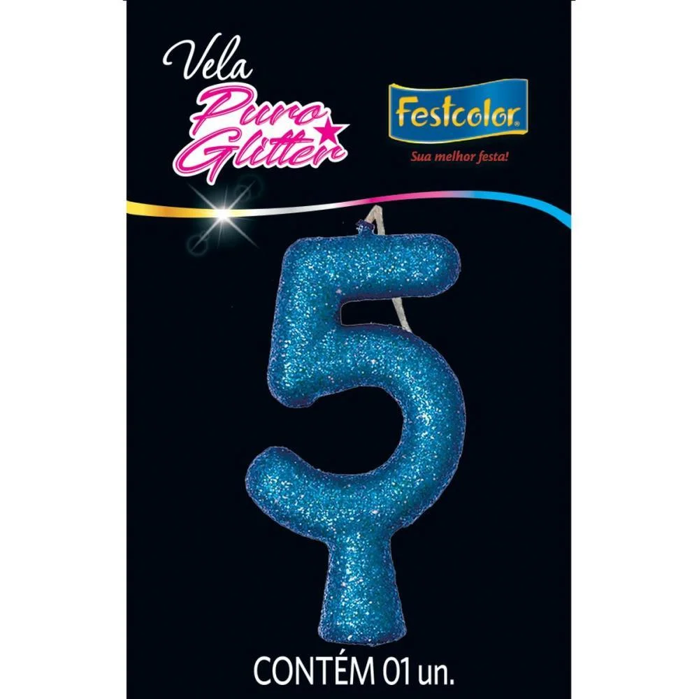 Vela Para Aniversario N.05 Azul Puro Glitter Festcolor (Cx.c/10)