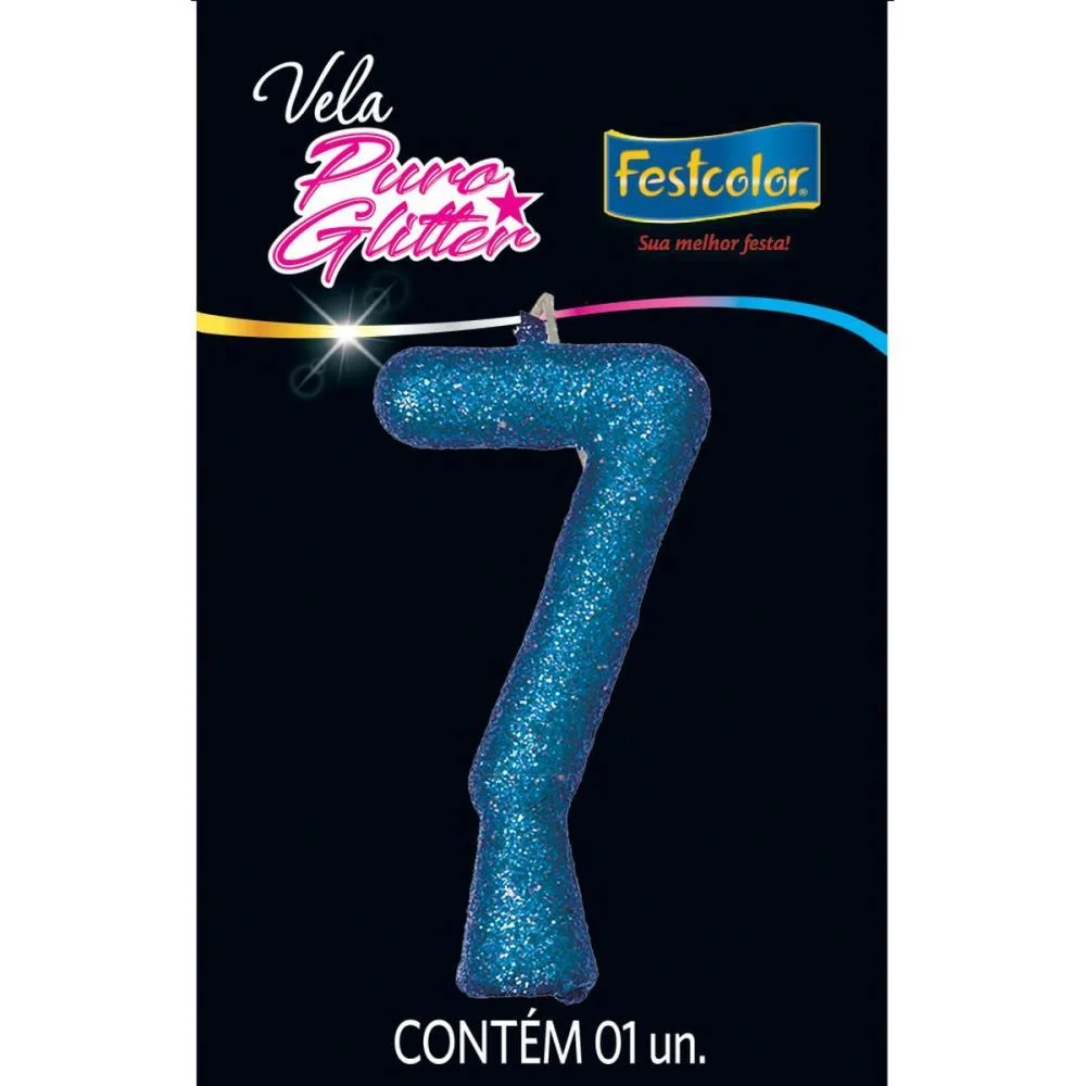 Vela Para Aniversario N.07 Azul Puro Glitter Festcolor (Cx.c/10)