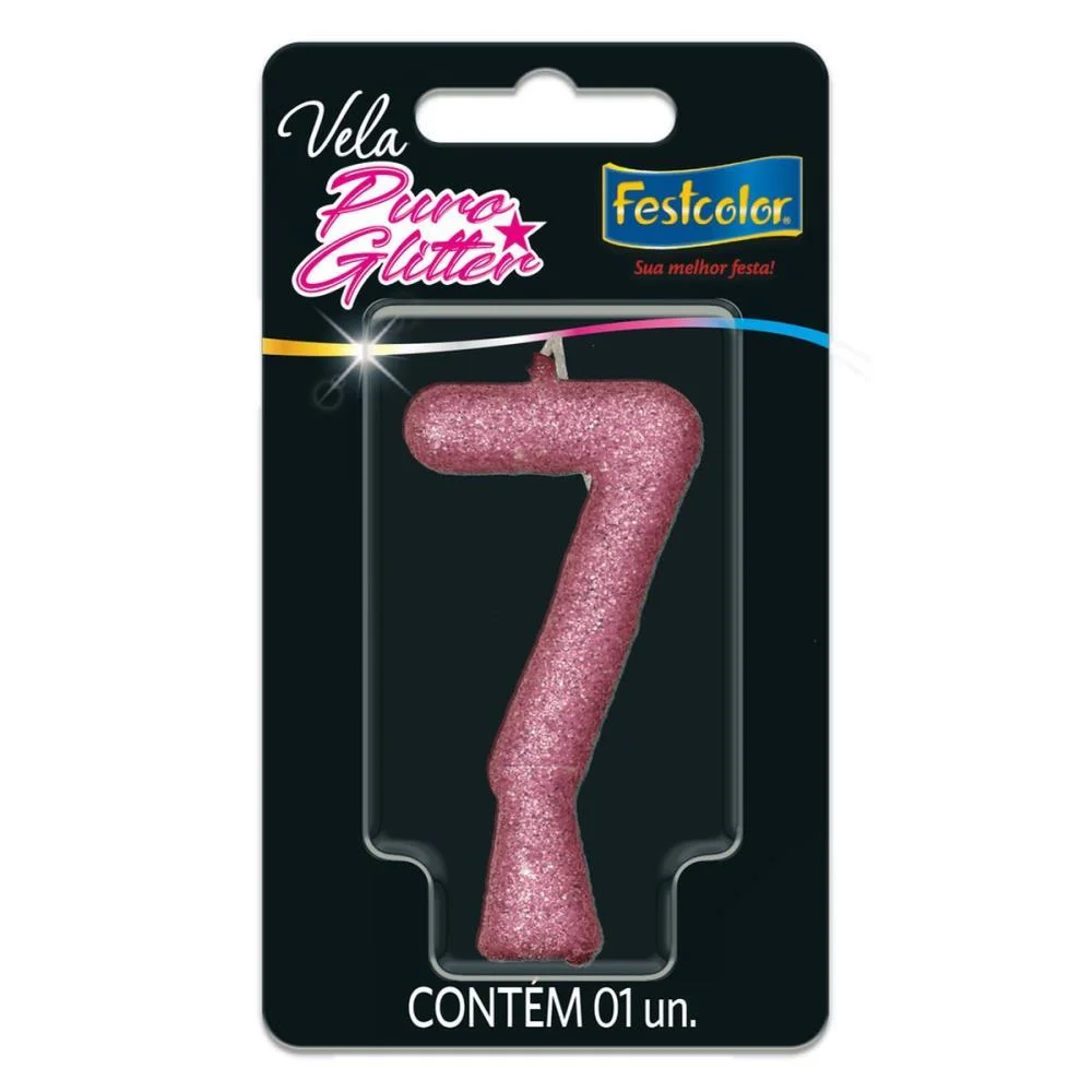 Vela Para Aniversario N.07 Rosa Puro Glitter Festcolor (Cx.c/10)