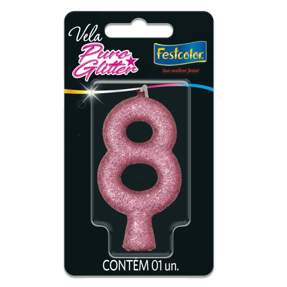 Vela Para Aniversario N.08 Rosa Puro Glitter Festcolor (Cx.c/10)