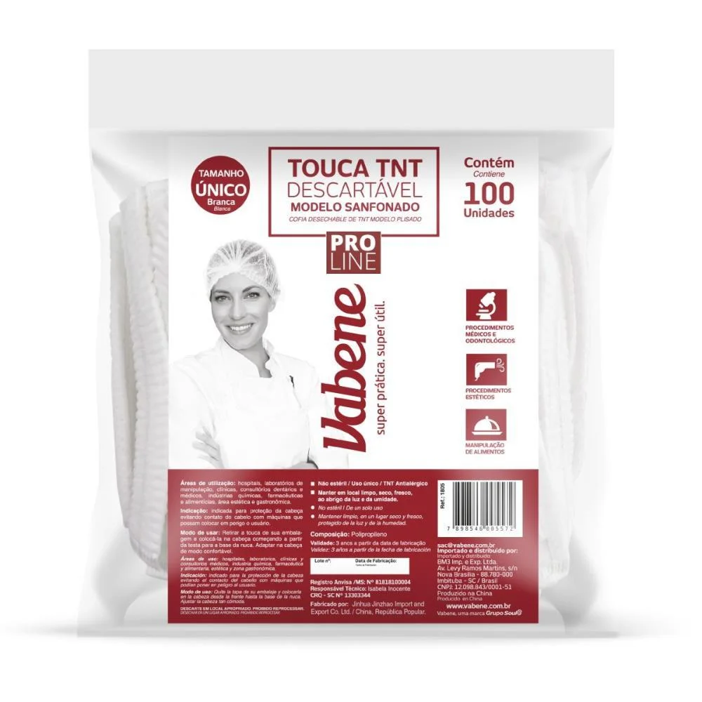 Touca Descartavel Sanfonada 20Cm 100%Tnt Branca Vabene C/ 100 Unidades