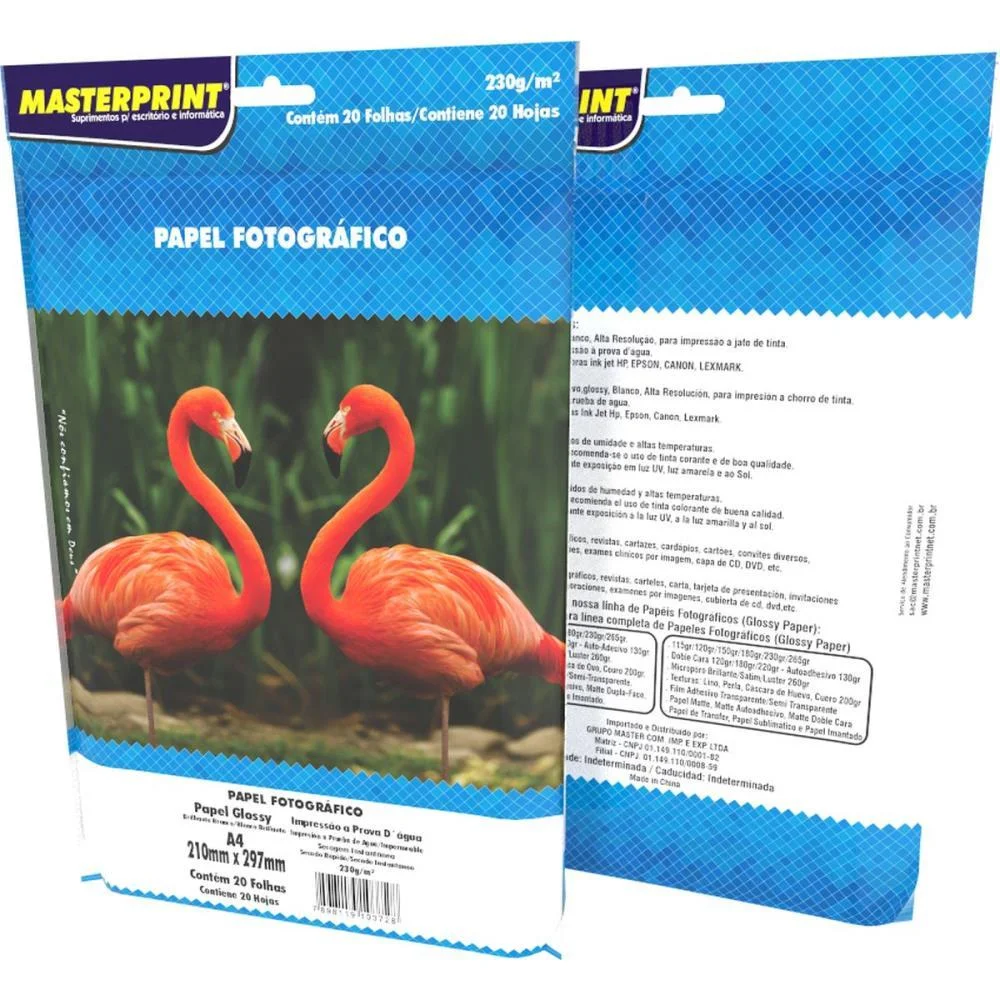 Papel Fotografico Inkjet A4 Glossy 230G Masterprint 20 Unidades