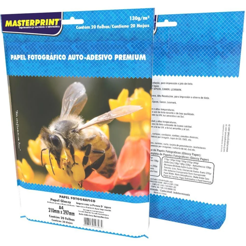 Papel Fotografico Inkjet A4 Glossy Adesivo 130G Premium Masterprint 20 Unidades