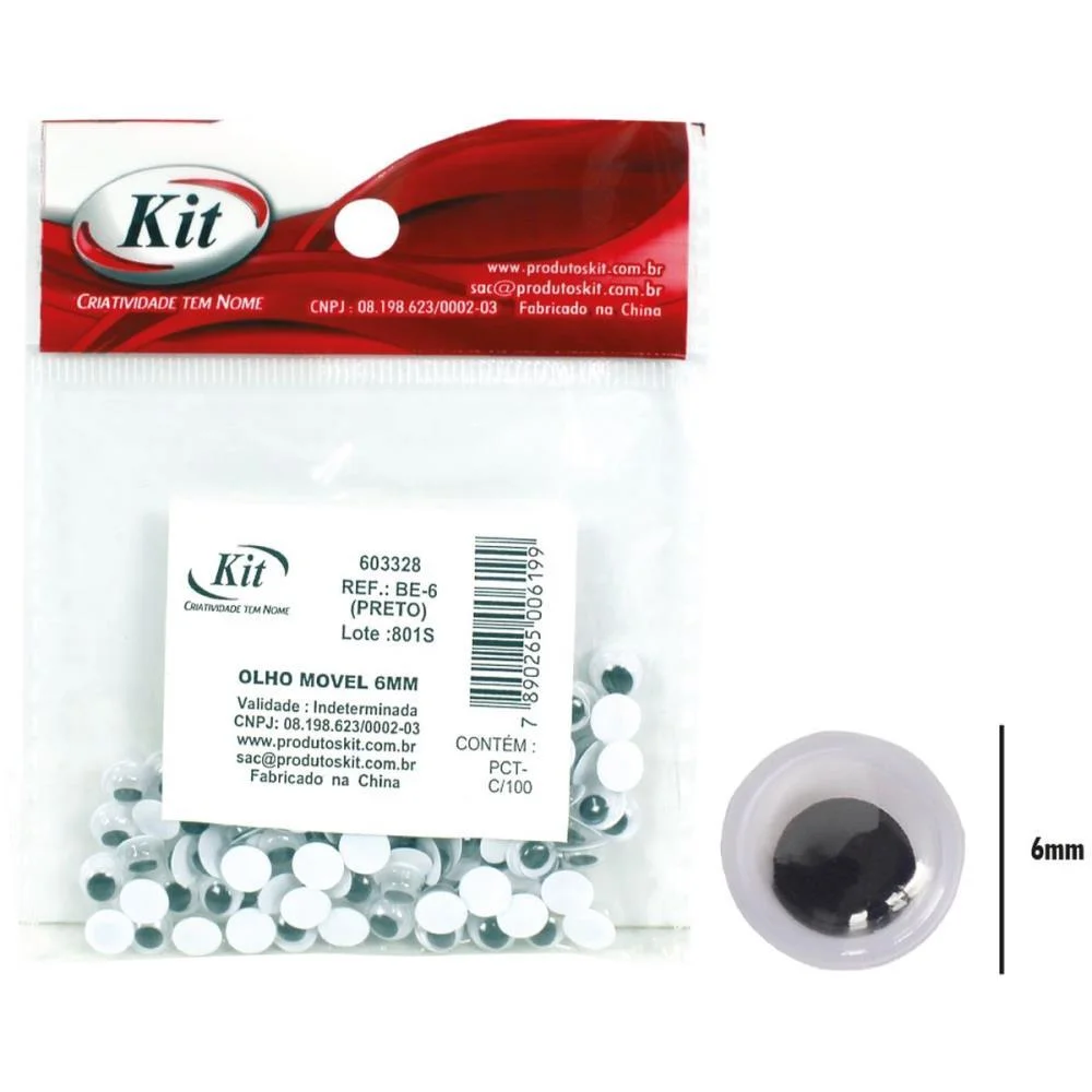 Olho Movel 6Mm Preto C/100Un. Kit (Pct.c/20)