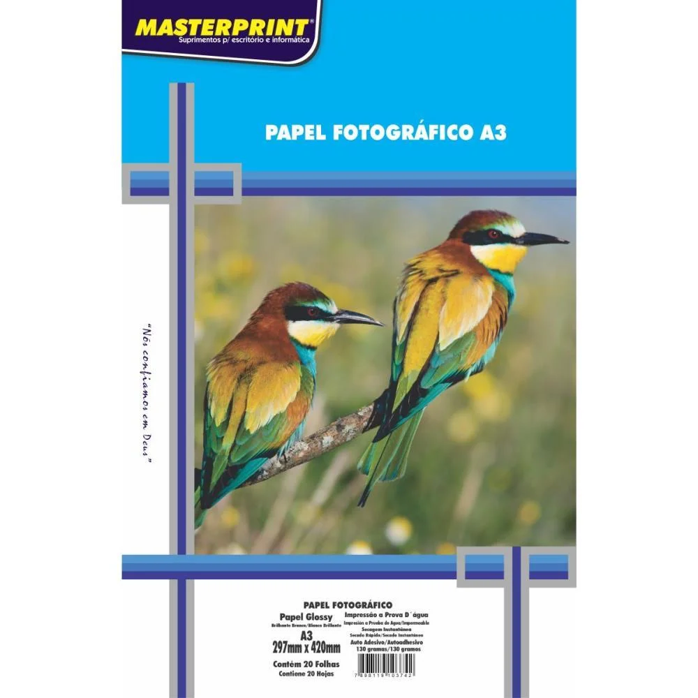 Papel Fotografico Inkjet A3 Glossy Adesivo 130G Masterprint 20 Unidades