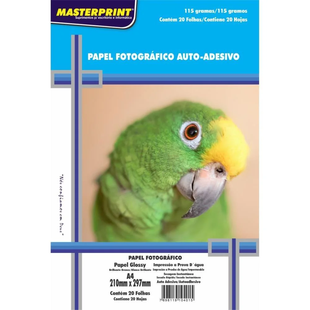 Papel Fotografico Inkjet A4 Glossy Adesivo 115G. Masterprint 20 Unidades