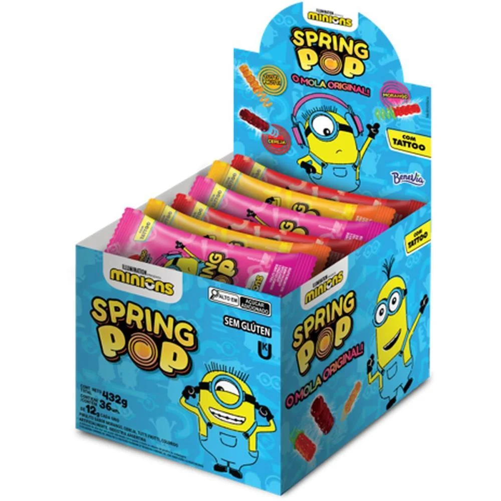 Doce Spring Pop Minions C/Tatoo Sortidas Bazooka Candy (Dp.c/36)