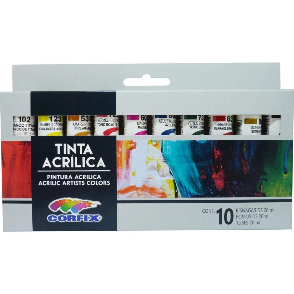 Tinta Acrilica 10 Cores Bisnaga 20Ml. Corfix (Blister)