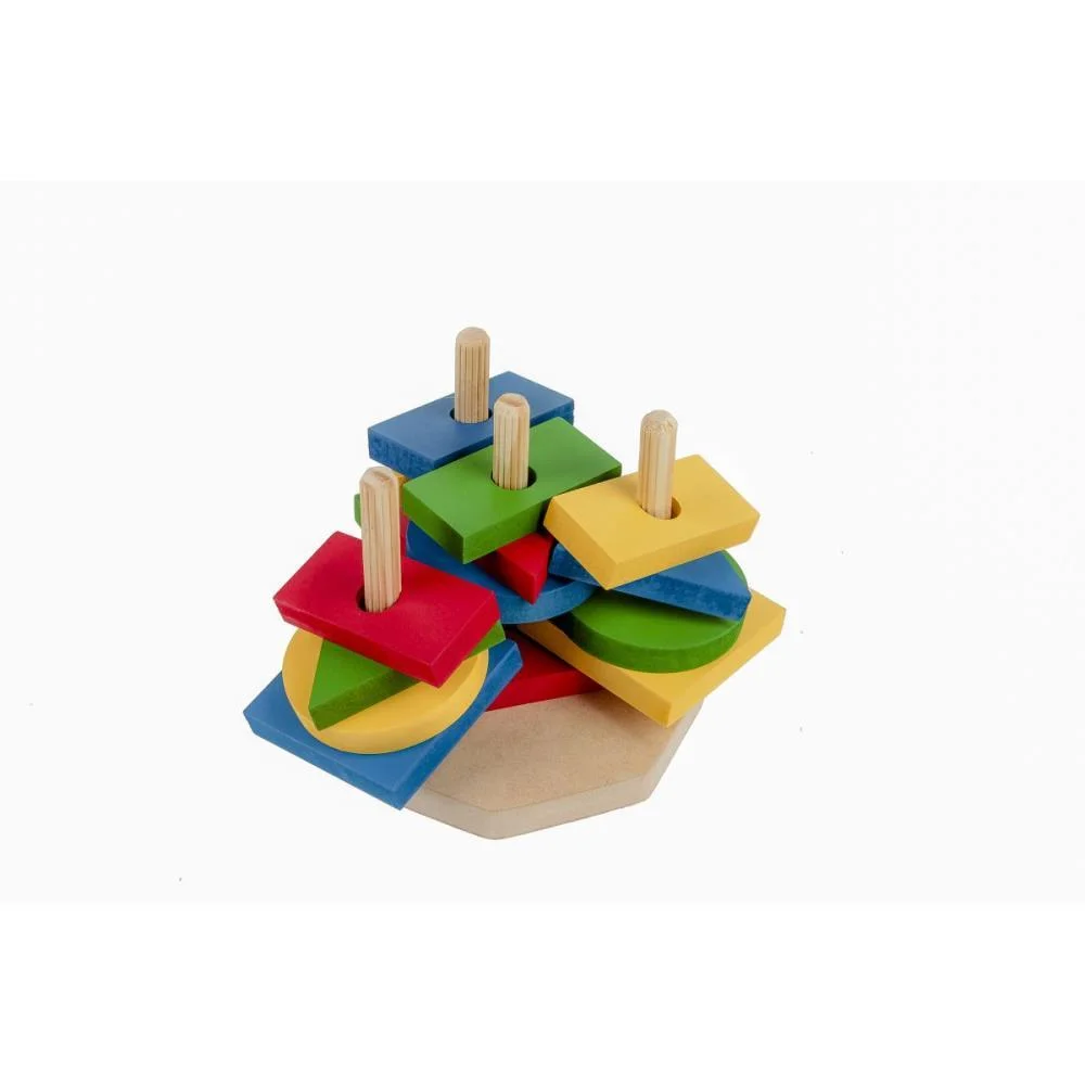 Brinquedo Pedagogico Madeira Torre De Forma Geometrica 16Pc Carlu